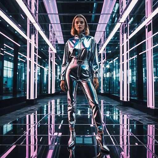 Fashion Model in Metallic Outfit in Futuristic Atrium