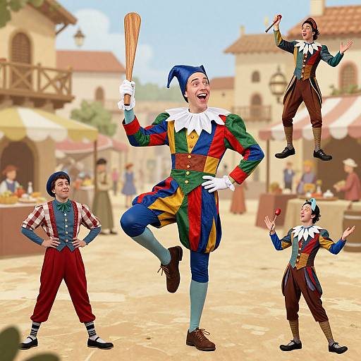 Digital CGI image of four jester performers in colorful, striped costumes with white ruffs, performing in a sunlit, medieval market square.