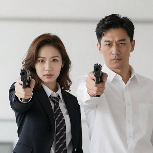 Wavy-Haired Woman and Man Aiming Guns