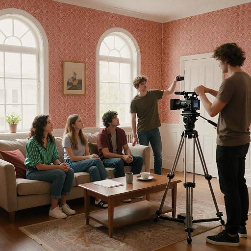 Film Crew in Red Geometric Room