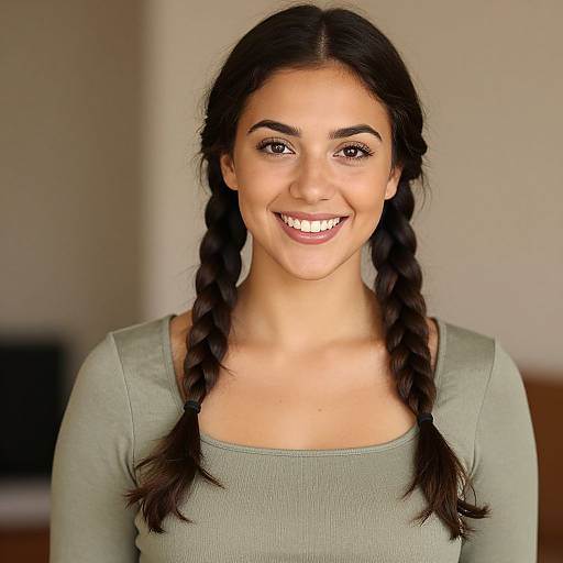 Photograph of a smiling young woman with olive skin, dark brown eyes, and dark hair in two braids, wearing a green long-sleeve
