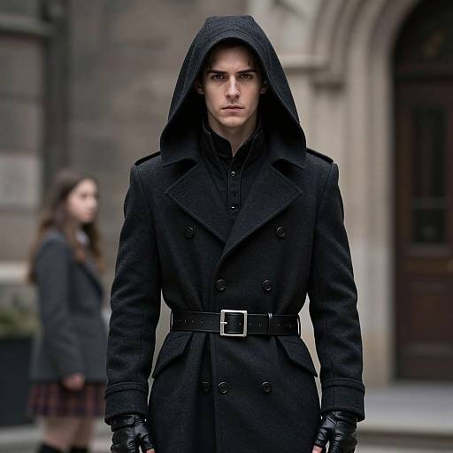 Photograph of a serious, young, white man with dark hair, wearing a black hooded coat, black gloves, and belt, standing in a