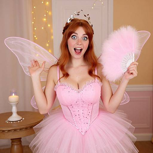 Photograph of a surprised, red-haired woman in a pink fairy costume, holding a glowing fan, with translucent wings and a tiara, standing in