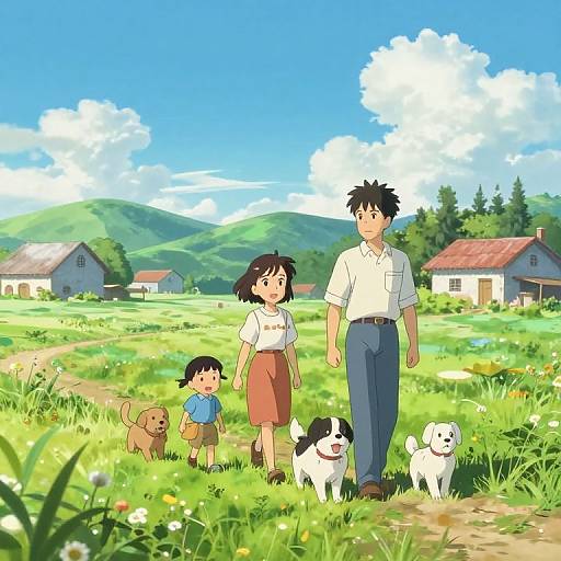 Anime-style illustration: A young couple with short black hair, walking in a vibrant, sunny meadow with two children and three dogs, surrounded by colorful