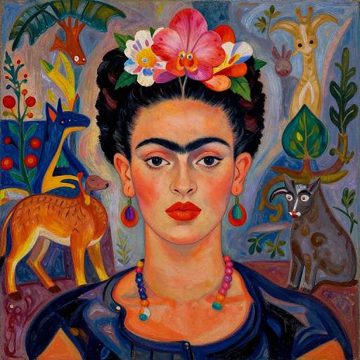 Vibrant Frida Kahlo-style painting of a woman with dark hair, red flower headpiece, red earrings, and necklace, surrounded by colorful