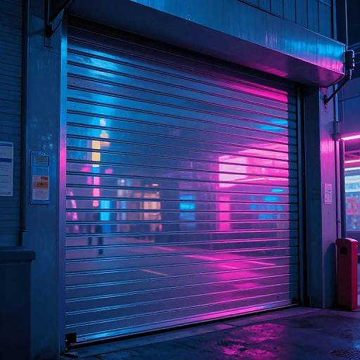 Neon-lit, closed metal garage door at night, with vibrant blue and pink LED lights reflecting on its surface. Urban, futuristic style. Photograph