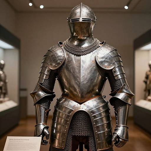 Photograph of a medieval knight's complete silver steel armor on display in a museum, with two blurred armored figures in the background.