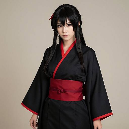 Photograph of an Asian woman with long black hair, wearing a black kimono with red trim and red obi, standing against a plain light gray