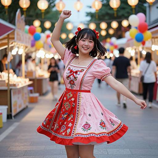 Photograph of a smiling Asian woman in a pink and red floral dress, black pigtails with red bows, dancing in a festive street market with