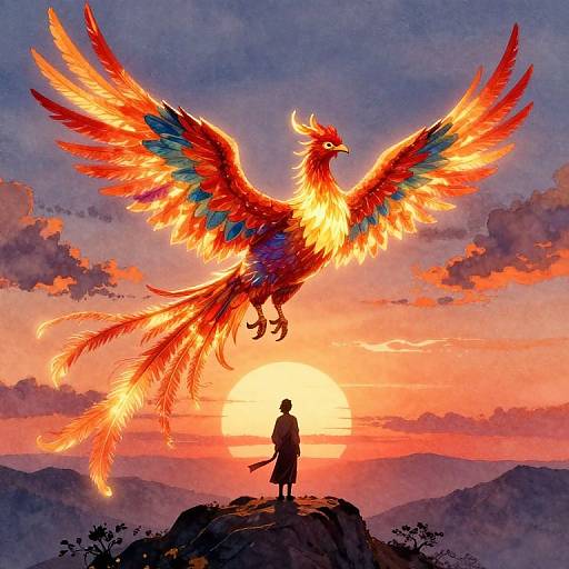 Digital painting of a silhouetted figure standing on a rock, facing a massive, fiery, multicolored phoenix with outstretched wings at