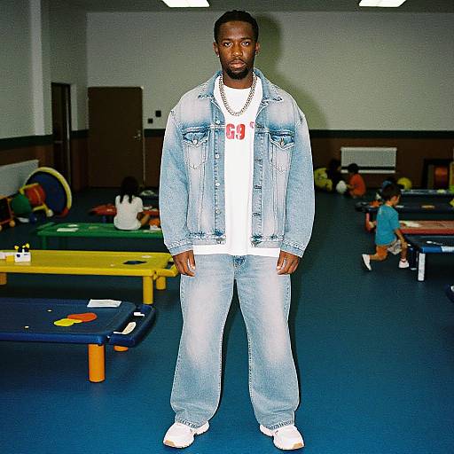 Photograph of a tall Black man with a beard, wearing a denim jacket, white t-shirt, light blue jeans, and white socks, standing in