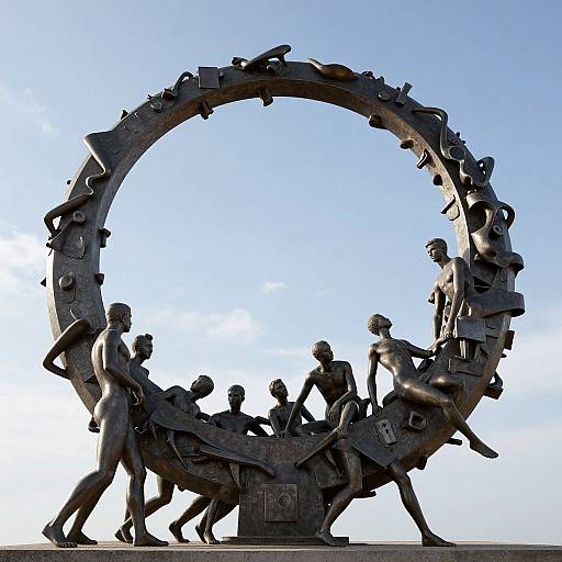 Photograph of a large, circular bronze sculpture featuring naked, dynamic human figures intertwined around the ring, set against a clear blue sky.