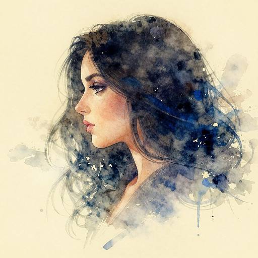 Watercolor portrait of a pensive woman with dark, wavy hair, softly illuminated, in profile view against a white background.