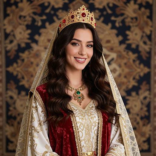 Photograph of a smiling brunette woman with long wavy hair, wearing a gold crown, red velvet gown, and gold-embroidered veil,