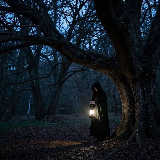 Mysterious figure in black cloak and hood holds glowing lantern under a large, twisted tree in a dark, blue-lit forest. Photographic image.