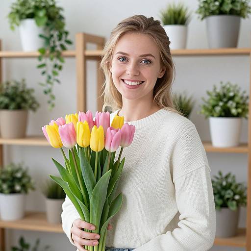 Photograph of a smiling blonde woman with blue eyes, wearing a white sweater, holding pink and yellow tulips, standing in front of a wooden shelf
