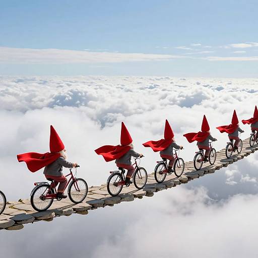 Digital illustration of six children in red capes riding bicycles on a narrow wooden bridge above a sea of fluffy clouds. Bright blue sky overhead.