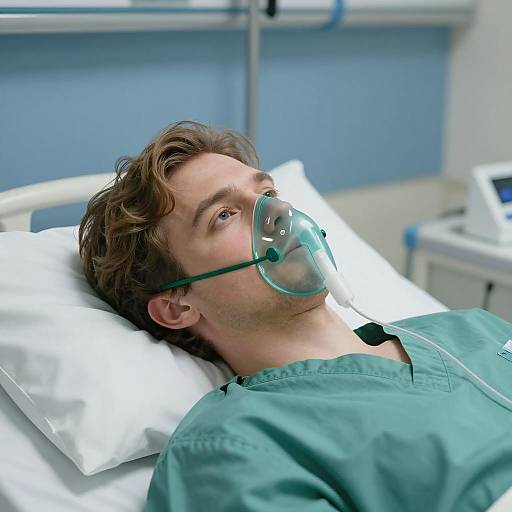 Man in Hospital Bed with Oxygen Mask