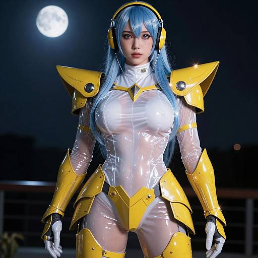 Photorealistic CGI of a blue-haired woman in yellow and transparent plastic armor, standing under a full moon at night.