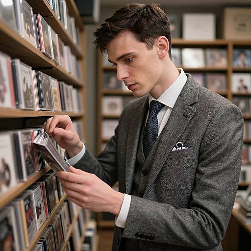 Photograph of a young, white man with short dark hair, wearing a gray suit and white shirt, browsing DVDs in a bookstore.