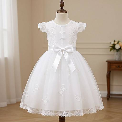 Photograph of a white, lace-trimmed, vintage-style dress on a mannequin in a softly lit, elegant room with a wooden table