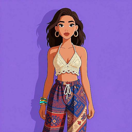 Digital illustration of a confident woman with wavy dark hair, wearing a white lace halter top and patterned pants, against a vibrant purple background.