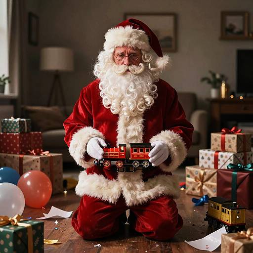 Photograph of Santa Claus with white beard and glasses, wearing a red velvet suit with white fur trim, holding a small train, surrounded by colorful wrapped