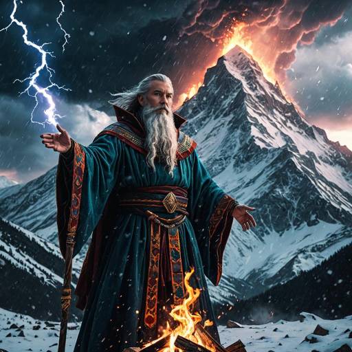 Ancient Sorcerer Conjuring Storm by Snowy Mountain