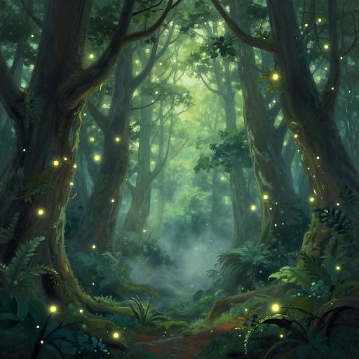 A mystical forest painting with glowing fireflies among towering, moss-covered trees, illuminated by a soft, greenish light in the background.