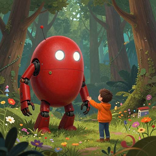 Digital illustration: A young boy in an orange hoodie reaches out to a red, spherical robot with glowing eyes in a vibrant, flower-filled forest.