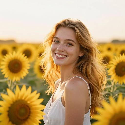 Photograph of a smiling young woman with wavy blonde hair, wearing a white sleeveless dress, standing in a sunlit sunflower field.