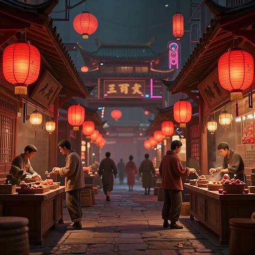 Night market photograph: Traditional Asian street with glowing red lanterns, vendors selling food, and silhouetted figures walking down the cobblestone path