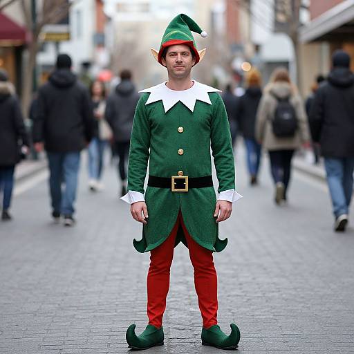 Photograph of a man in a green elf costume with red pants and black belt, standing on a busy, blurred city street.