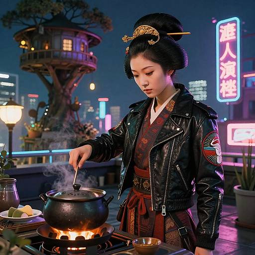 Digital artwork of an Asian woman in a black leather jacket, traditional kimono, cooking on a street grill at night, neon signs, steaming pot