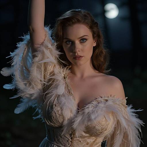Photograph of a fair-skinned woman with wavy brown hair, wearing a feathered, off-shoulder, cream-colored gown, raising her