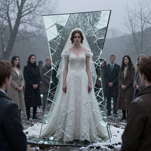 Photograph of a pale-skinned woman in a white, lace wedding gown with a shattered glass frame, standing in a snowy forest, surrounded by som