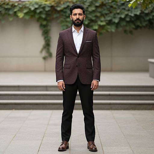 Photograph of a bearded man with dark hair, wearing a brown suit, white shirt, black pants, and brown shoes, standing in a paved