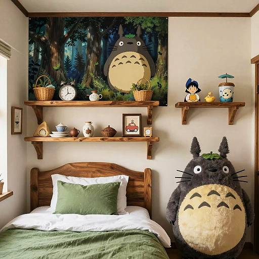 Whimsical bedroom with Totoro-themed mural, wooden shelves, potted plants, Totoro plush, and Tarepanda plush on