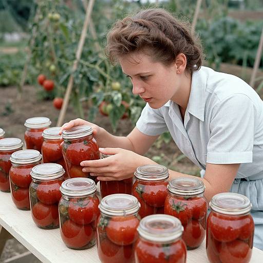 Photograph of a young woman with short brown hair, wearing a white shirt, carefully inspecting jars of red tomato preserves on a wooden table in a