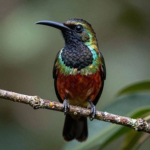 Photograph of a vibrant, iridescent bee-eater perched on a branch, showcasing its colorful plumage with black, green, blue,