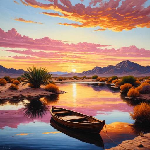 Desert Oasis at Sunset with Wooden Boat Desert Oasis at Sunset with Wooden Boat
