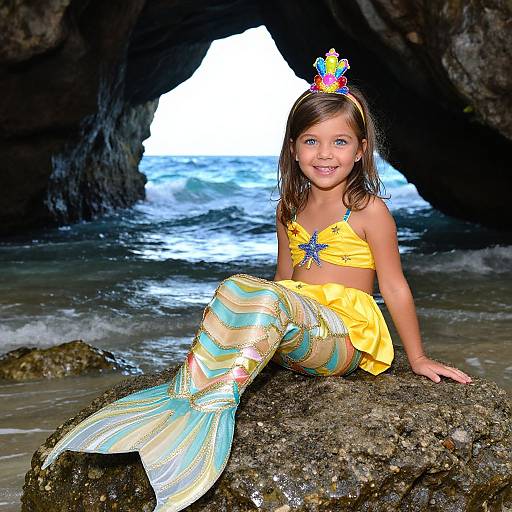 Photograph of a young girl with brown hair and blue eyes, dressed as a mermaid in a yellow top and colorful fish-scale tail, sitting on