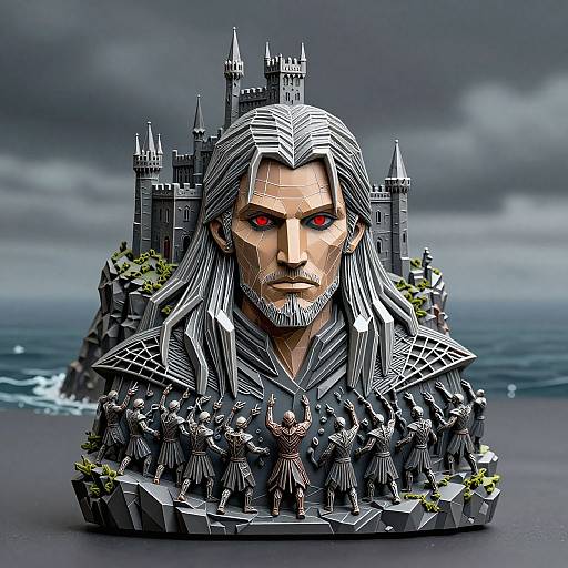 Digital artwork: stern-faced, silver-haired man with red eyes, medieval armor, surrounded by miniature soldiers, castle in stormy background, ocean horizon.
