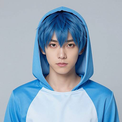 Photograph of an Asian teenage boy with blue hair and eyes, wearing a blue and white hooded cosplay outfit, against a plain light gray background.