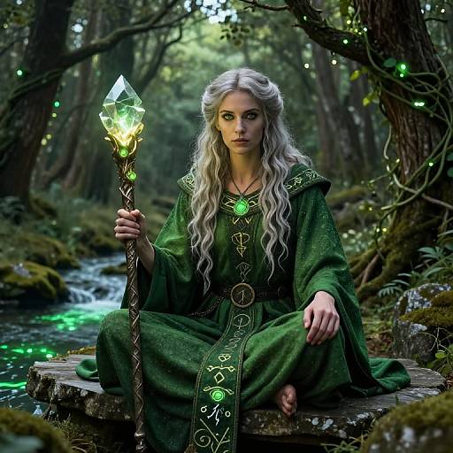 Photorealistic digital art of a silver-haired, green-robed witch with glowing green necklace, holding a glowing staff, sitting by a forest stream.