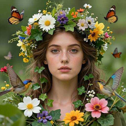 Photograph of a young woman with fair skin and brown hair, wearing a vibrant floral crown, surrounded by butterflies and hummingbirds.