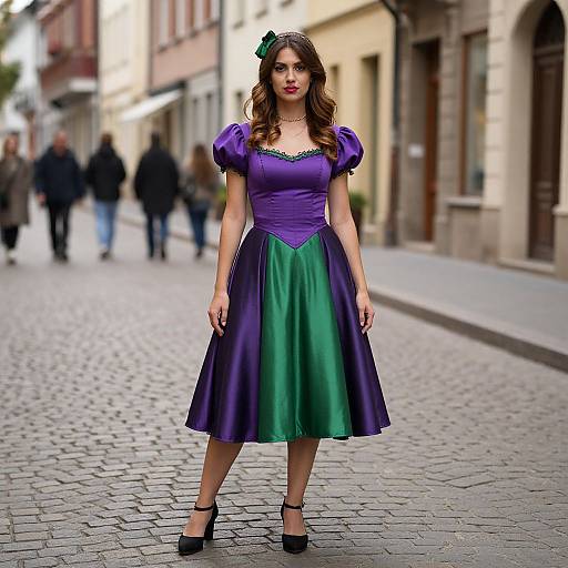 Photograph of a young woman with wavy brown hair, wearing a purple and green satin dress, black high heels, standing on a cobblestone