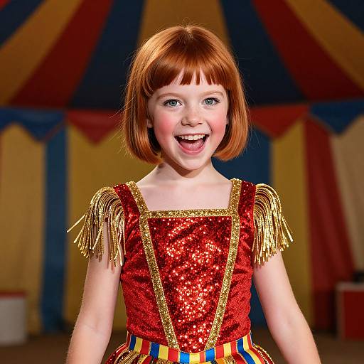 Photorealistic CGI of a smiling young girl with red bob haircut, wearing a sparkly red dress with gold fringe and striped waistband, against a