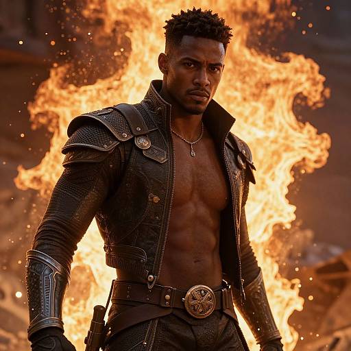 Photorealistic digital artwork of a muscular, dark-skinned man with short curly hair, wearing a black, armored jacket and pants, standing amid intense