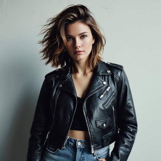 Woman with Modern Shag Hairstyle in Leather Jacket